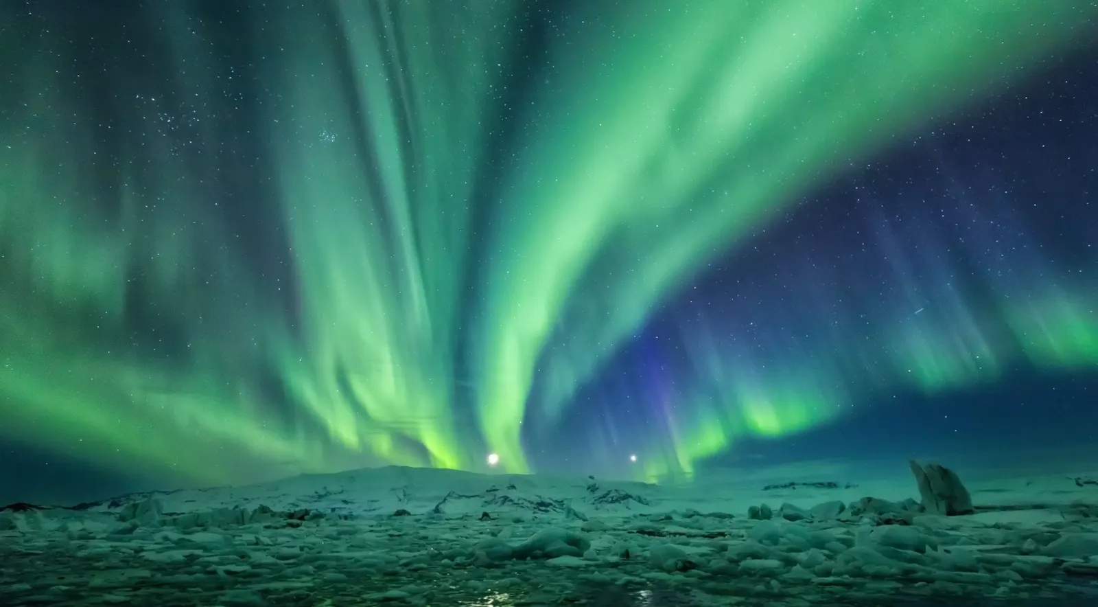 Illustration of aurora over an Icelandic landscape