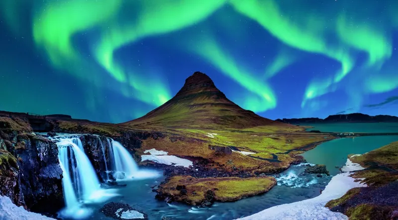 Illustration of the northern lights over an Icelandic landscape