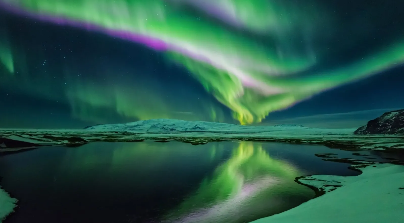 Illustration of aurora over an Icelandic landscape